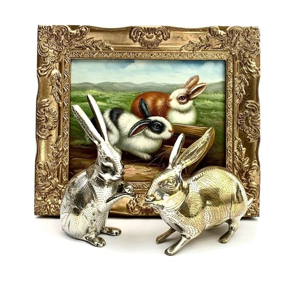 Bunnies / Rabbits / Hares Pair of Metal Figurines Vintage Home Decor